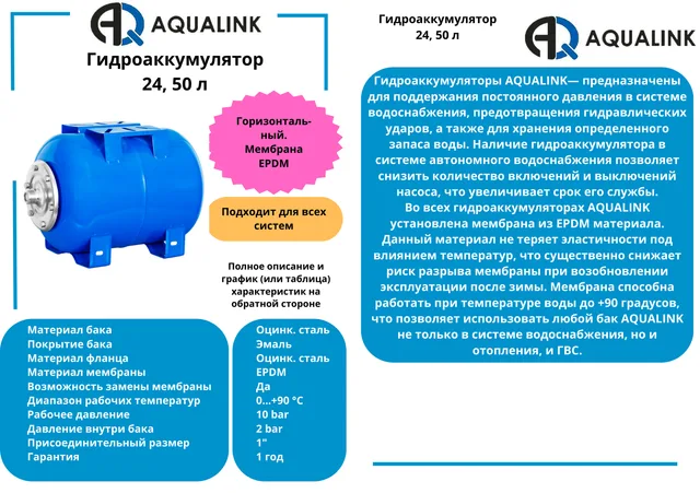 Гидроаккумулятор горизонтальный, боковое подключение 1", 24 л
